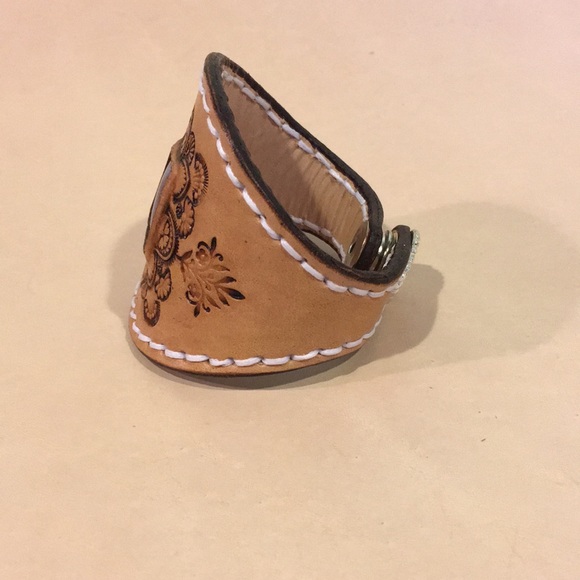 Tooled Leather Bracelet w/ Purple Mojave Turquoise Inlay Boho Festival Chic - Picture 2 of 11